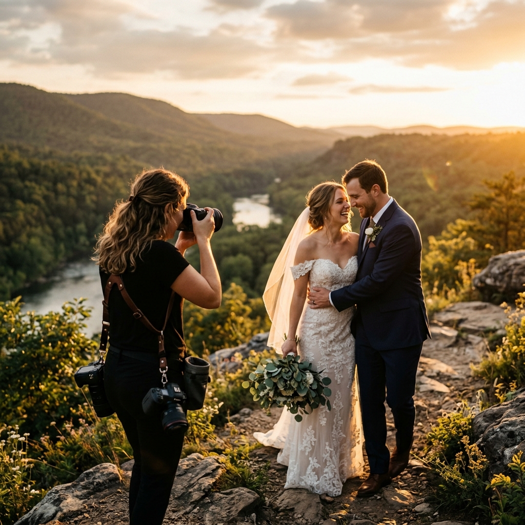 Photographer capturing couple at golden hour